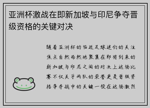 亚洲杯激战在即新加坡与印尼争夺晋级资格的关键对决